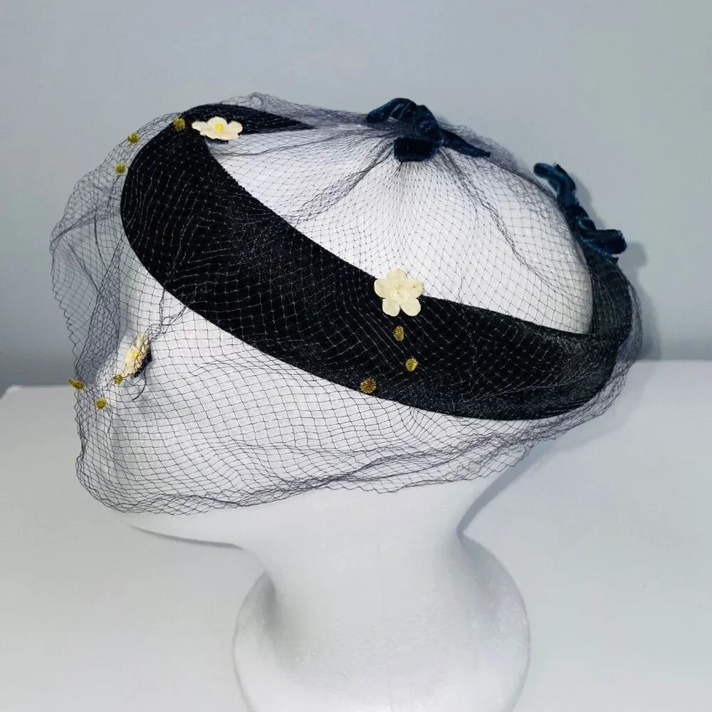 Vintage Crown Hat Black Velour Net Head Band Church Wedding Costume Theatre